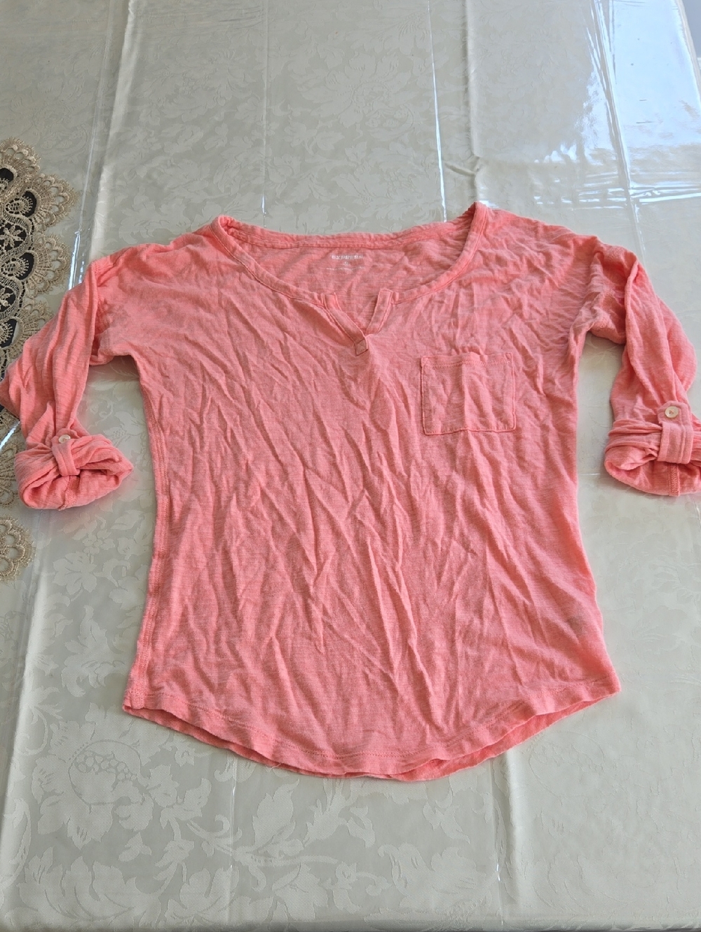 Express Coral Pink 3/4 Sleeves Pocket Tee Cotton And Modal